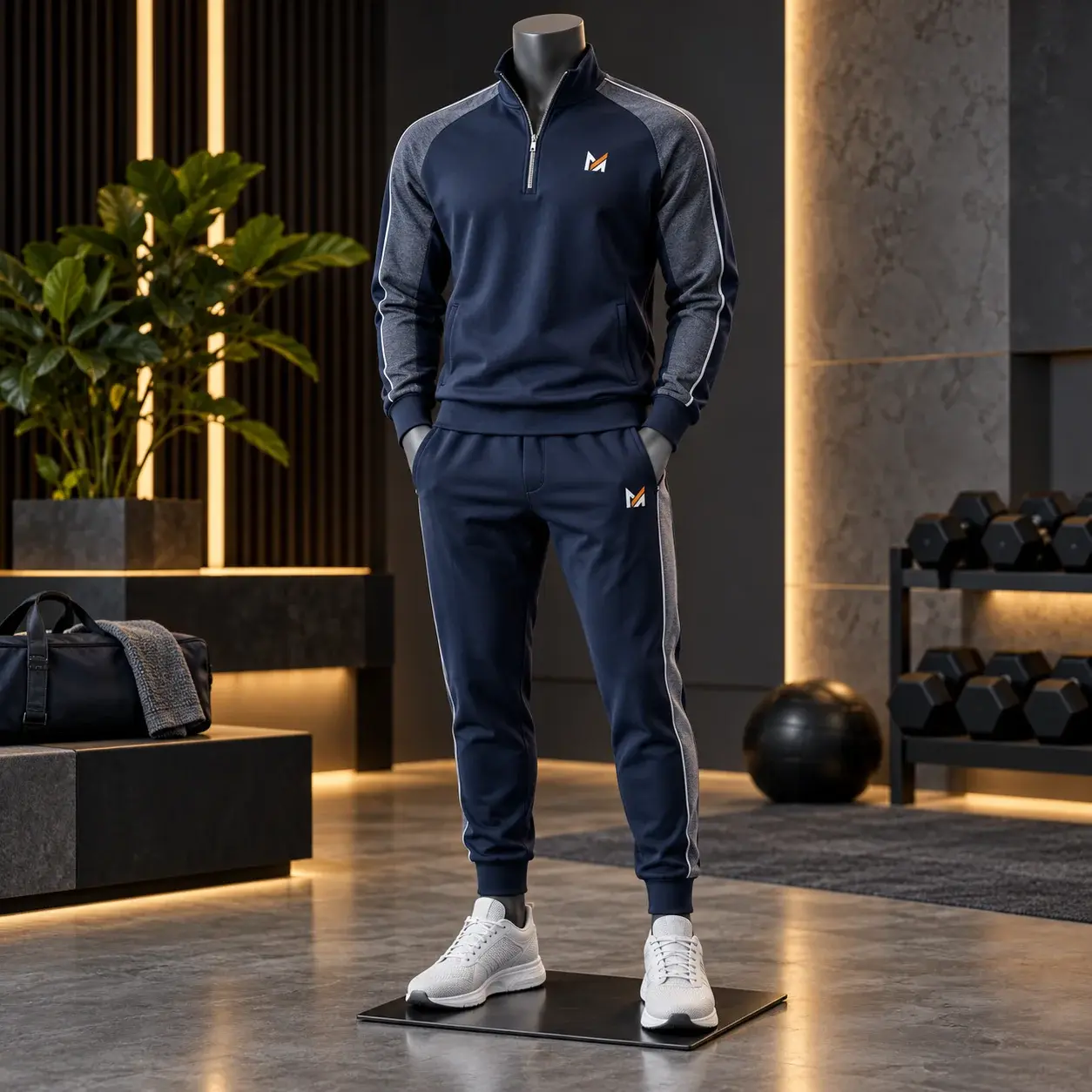 Navy blue quarter-zip sweatshirt and matching jogger pants with gray contrast panels and Mega Apparel logos, displayed on a faceless mannequin in a modern athletic studio.